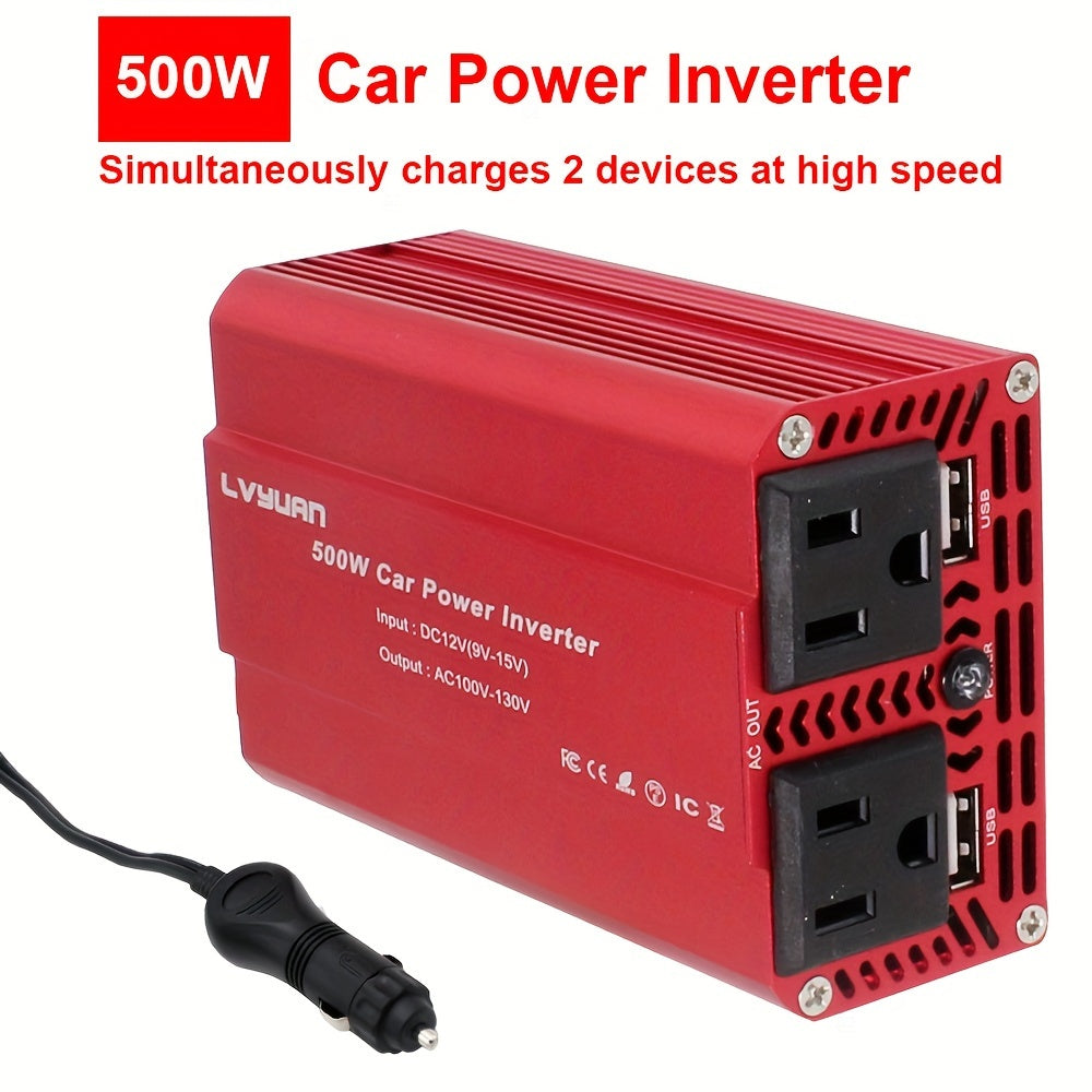 500W Car Inverter with Dual USB Ports - DC 12V to 110V AC Converter for Car Charging and Powering Devices