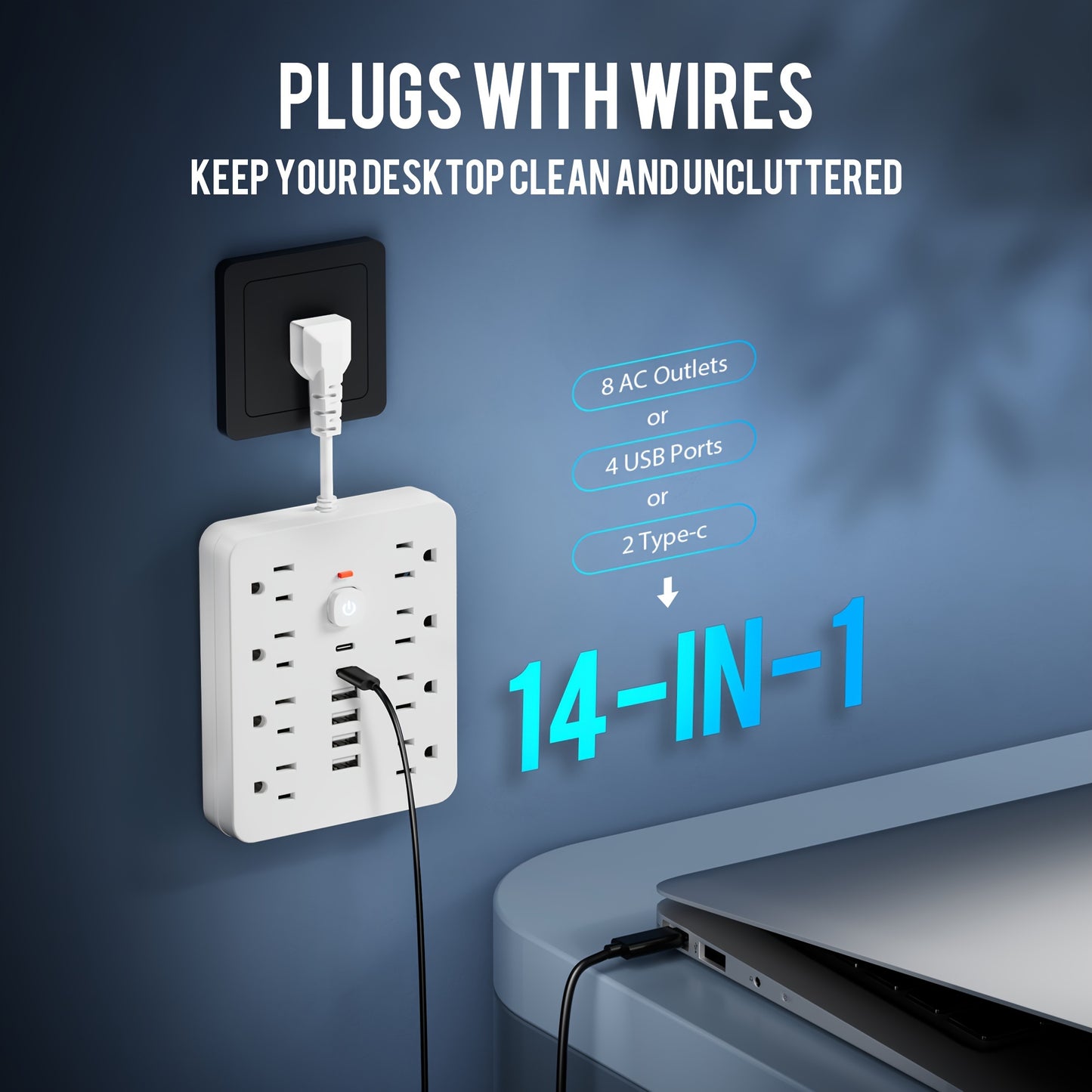 1pc 14-in-1 Power Adapter - 4 USB Outlets, 2 Type-C Ports, 8 AC Sockets, Surge Protector, Wall Socket, Portable for Home, Office and Travel