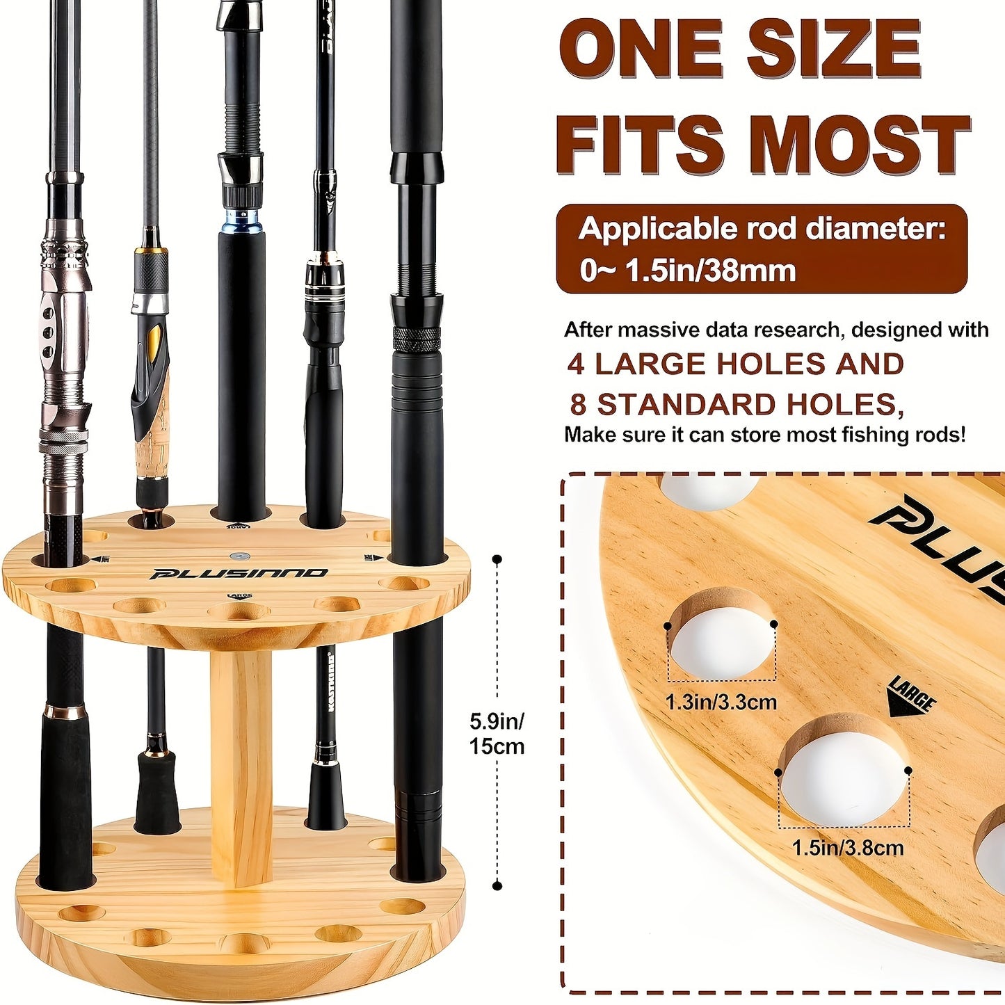 PLUSINNO Vertical Fishing Pole Holders - V12 Fishing Rod Holders for Garage, Wooden Round Storage Floor Stand - Fishing Rod/Pole Rack