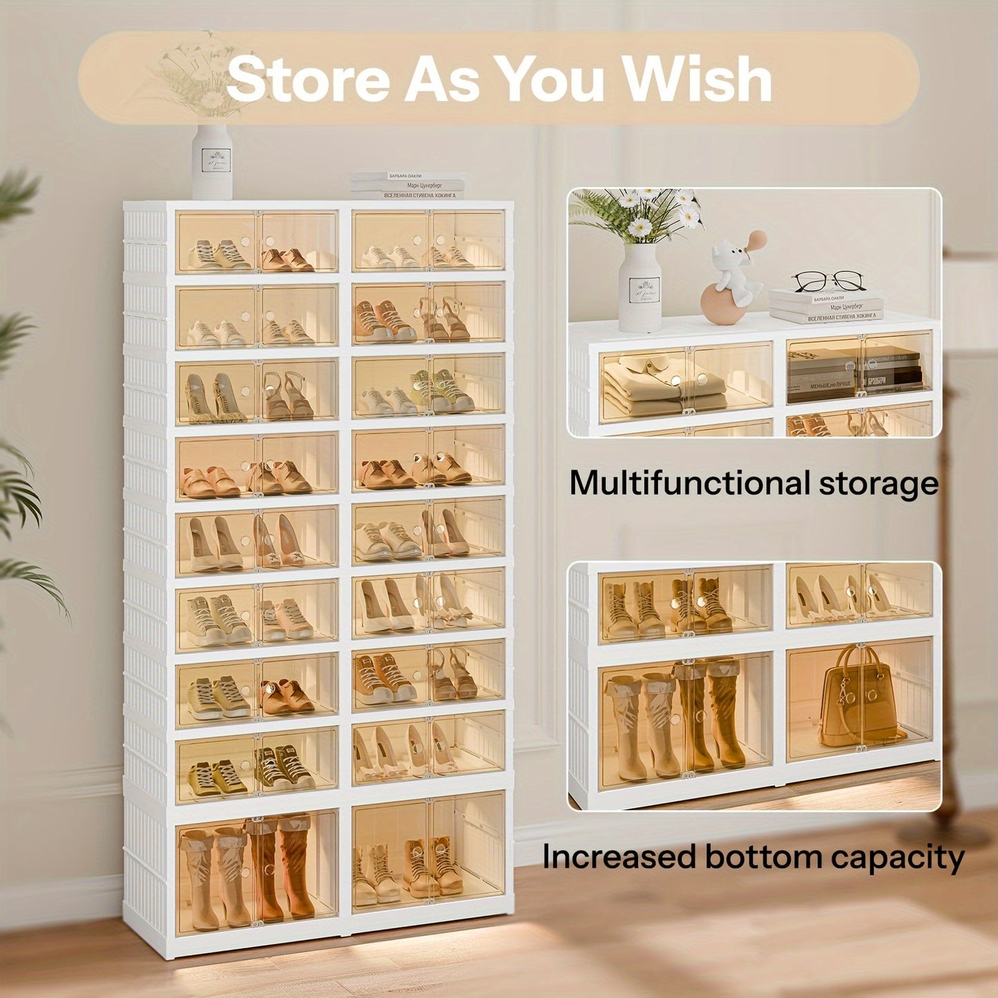 3/9-Tier Foldable Shoe Rack Organizer - Collapsible Plastic Shoe Storage with Clear Boxes, Stackable with Doors, Easy Assembly, Large Shoe Cabinet for Closet and Display