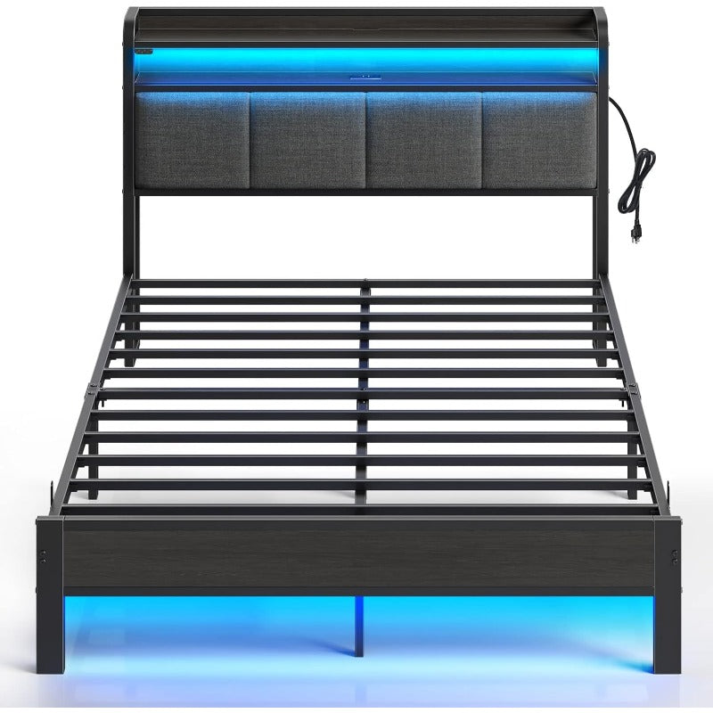 Greenstell Bed Frame with Charging Station and LED Lights - Twin, Full, Queen, King Sizes, PU Leather/Neutral Linen Headboard, Storage Shelves, Heavy Duty Metal Slats, No Box Spring Needed, Noise-Free