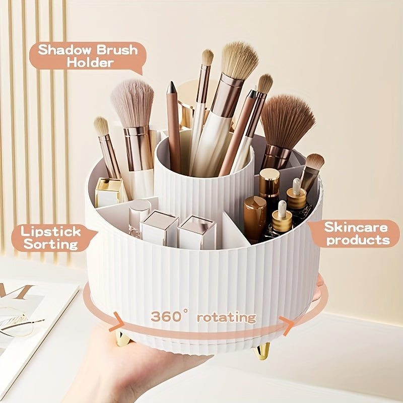 360° Rotating Makeup Organizer – Plastic Cosmetic Storage with 5 Compartments, Multi-Functional Holder for Brushes, Lipsticks, and Skincare – Durable Desk Caddy with Luxury Stripe Design