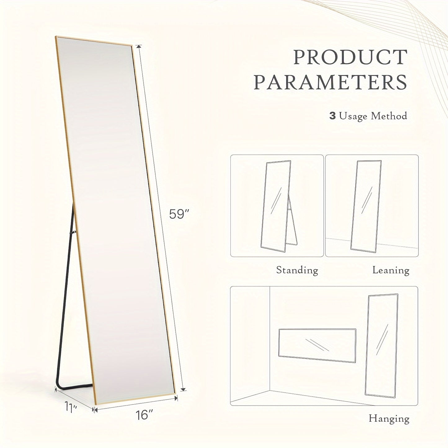 Large Standing Full Body Mirror – 59"x16" and 64"x21" Options – Shatter-Proof Glass with Aluminum Alloy Frame, Floor Standing & Wall Mountable – Ideal for Bedroom, Living Room, Cloakroom