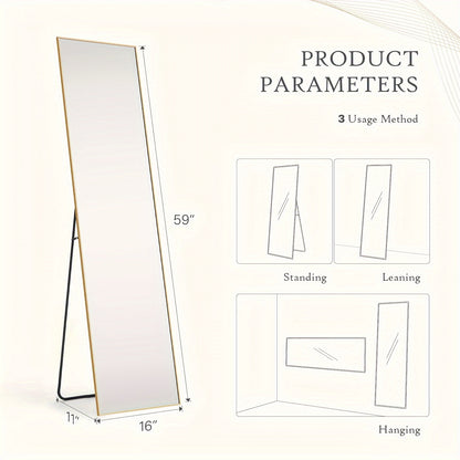 Large Standing Full Body Mirror – 59"x16" and 64"x21" Options – Shatter-Proof Glass with Aluminum Alloy Frame, Floor Standing & Wall Mountable – Ideal for Bedroom, Living Room, Cloakroom