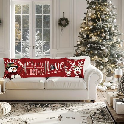 4pcs Merry Christmas Throw Pillow Covers - Reindeer, Snowman, Buffalo Plaid Print, 18x18in, Winter Holiday Farmhouse Decor for Porch, Patio, Couch, Sofa