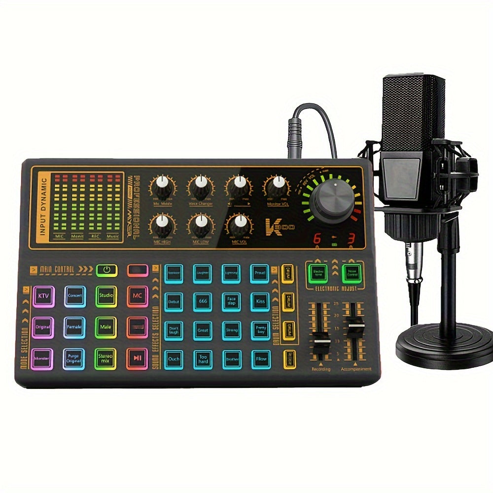 2 Person Podcast Equipment Bundle - K300 Voice Changer, Condenser Microphone and Live Sound Card for Recording, Singing, Streaming, and Gaming