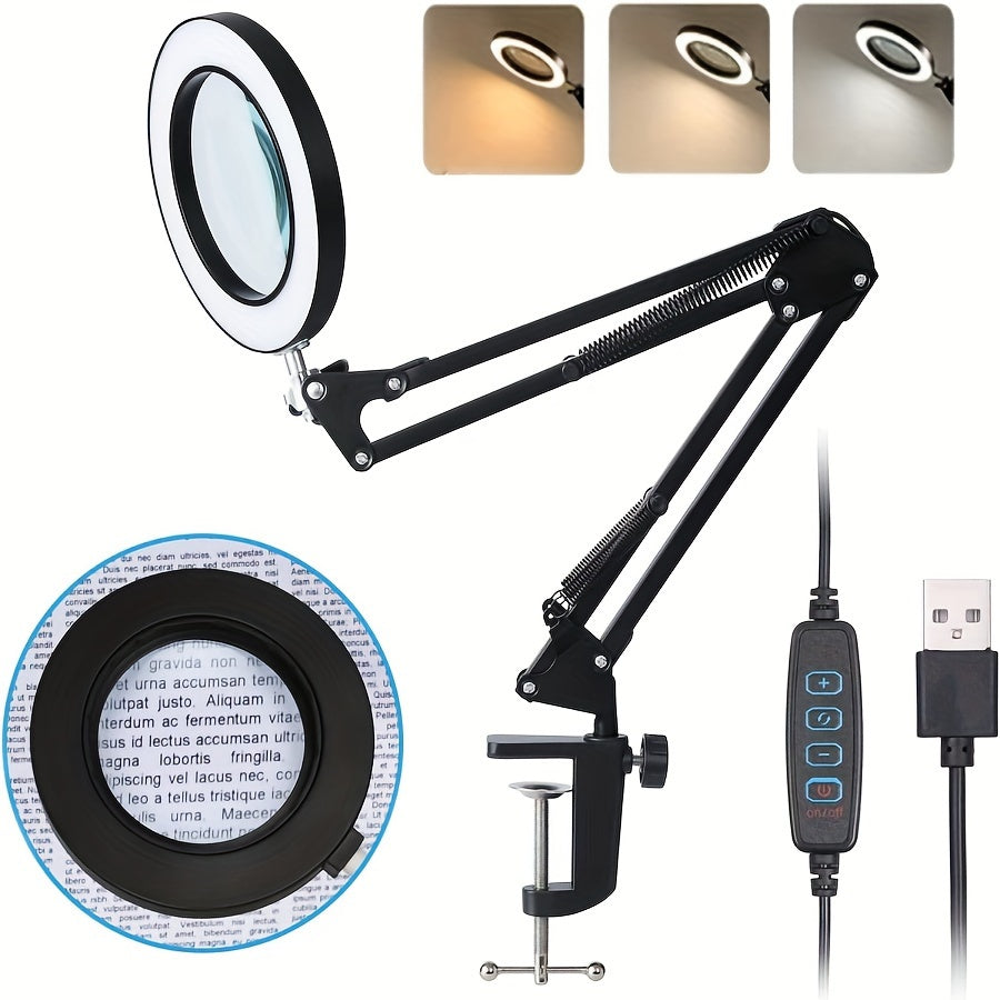 10X LED Lighted Magnifying Glass with Stand - 3 Color Modes, Dimmable, 360° Rotation, USB Powered