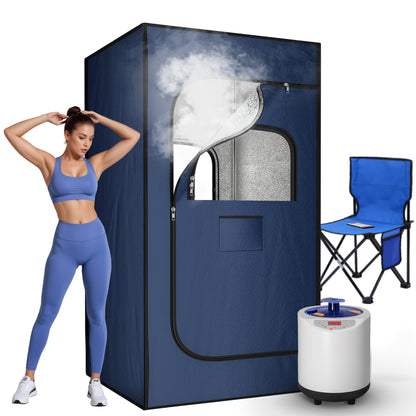 Portable Home Steam Sauna – 3L Steamer, Remote Control, Folding Chair, 99-Minute Timer, Navy Blue