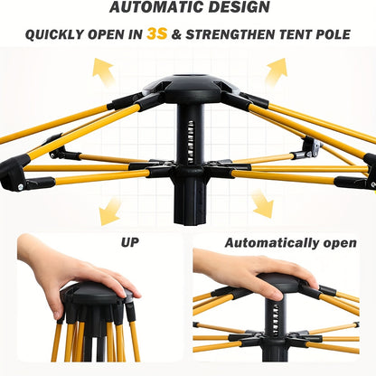 4 Person Automatic Pop-Up Tent – Fiberglass Poles, Square Oxford Cloth Camping Shelter – Quick 3-Second Setup, All-Season Waterproof with Zipper Closure – Ideal for Hiking, Travel & Beach