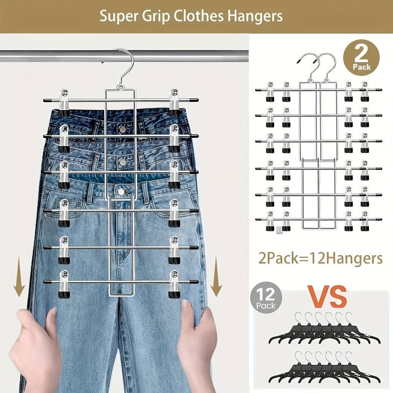 2 Pack Multi-Purpose Metal Hangers - Space-Saving 6-Tier Organizer for Skirts, Pants, Underwear and Scarves - Durable Closet Storage for Wardrobe