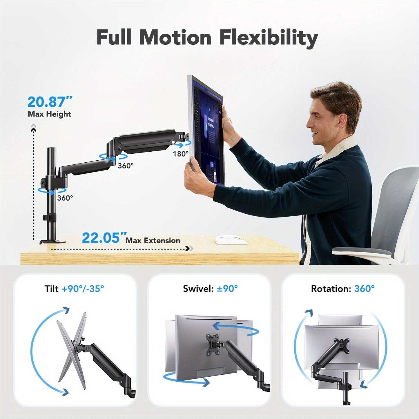 Adjustable Ergonomic Footrest with Air Spring Bracket – 4.4-19.8 Lb Load, Massage Roller, 3 Heights, 30° Tilt – Includes Single Display Arm for 13-32" Screen – Perfect Home Office Accessory and Christmas Gift