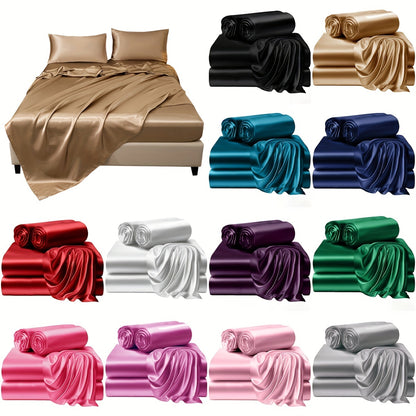 4 Piece Satin Sheet and Pillowcase Set - 100% Polyester, Machine Washable, Solid Color, Shrink-Resistant, Luxurious Smooth Fabric - Includes Fitted Sheet, Flat Sheet and 2 Pillowcases - All-Season Comfort