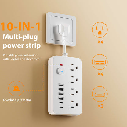 7 in 1 Wall Charger and Surge Protector – 4 Outlet Extender with 6 USB Ports (2 USB-C), Wall Mount Power Strip for Home, Travel and Office  ( White and Black )