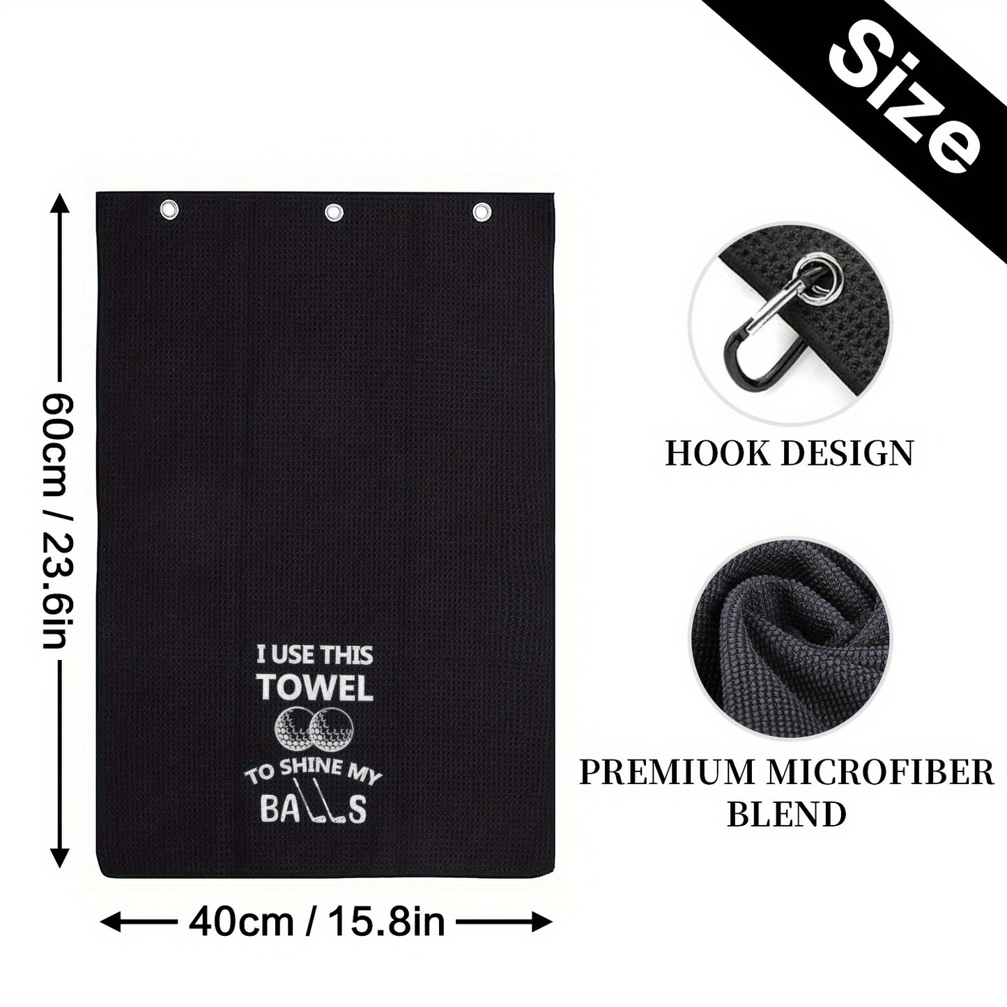 Premium Embroidered Golf Towel with Clip - Durable Polyester/Nylon Blend, Machine Washable, Black - Perfect Gift for Golfers