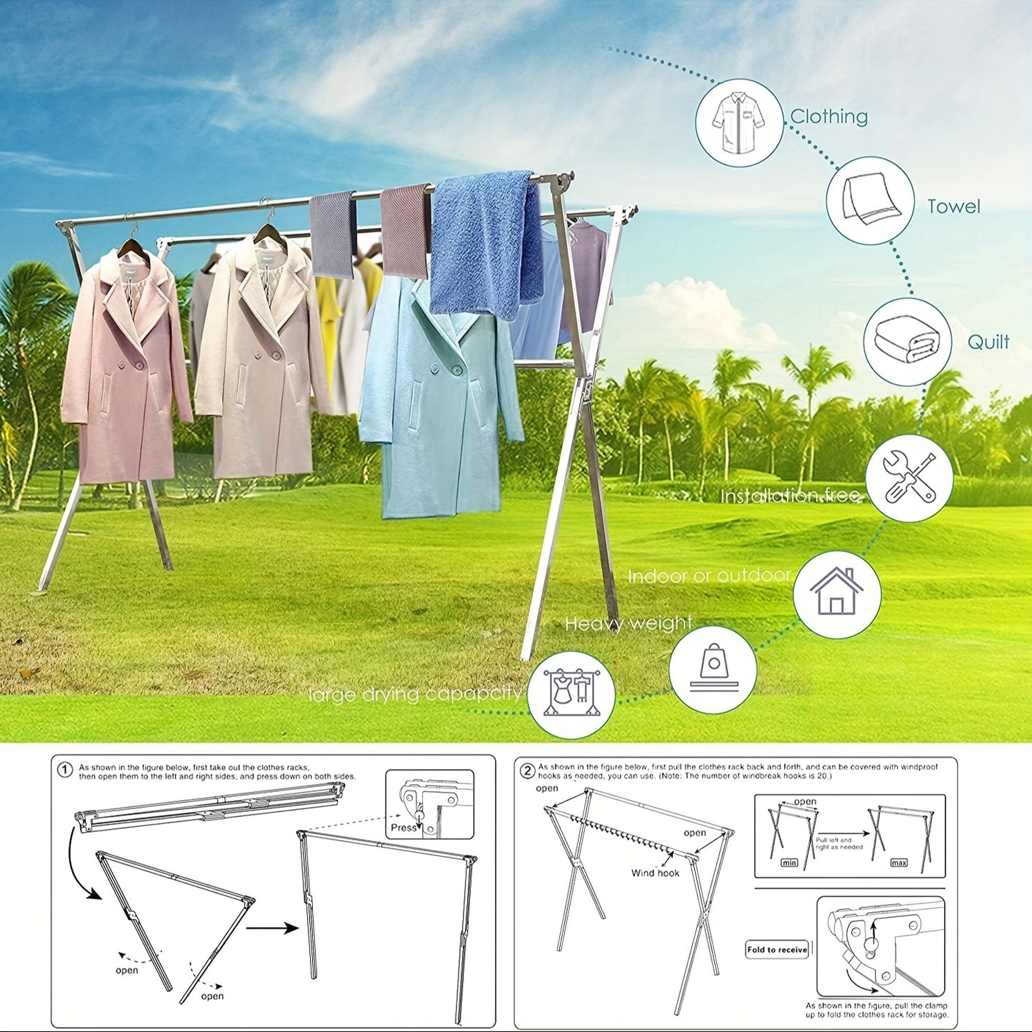 78.7 Inch Folding Clothes Drying Rack - Collapsible Stainless Steel Indoor/Outdoor Laundry Rack, Heavy Duty Clothesline for Drying Clothing