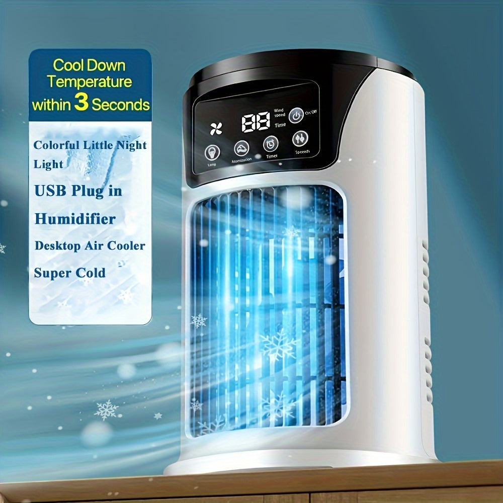 3-in-1 Portable Air Conditioner, Humidifier, Fan with Atmosphere Light – USB Powered, Ideal for Office and Home Use