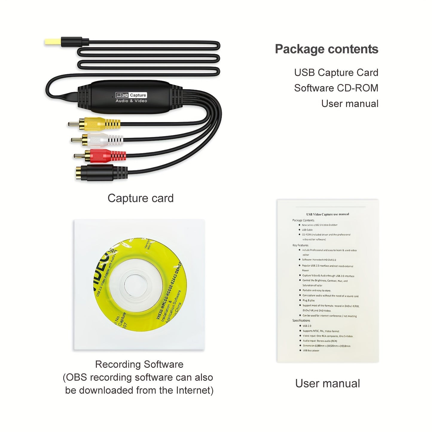 Video Capture USB 2.0 Capture Card – Drive-Free AV Signal Collector, 1 Meter USB to RCA Cable for Converting Analog to Digital (Compatible with VHS, VCR, TV)