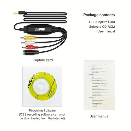 Video Capture USB 2.0 Capture Card – Drive-Free AV Signal Collector, 1 Meter USB to RCA Cable for Converting Analog to Digital (Compatible with VHS, VCR, TV)