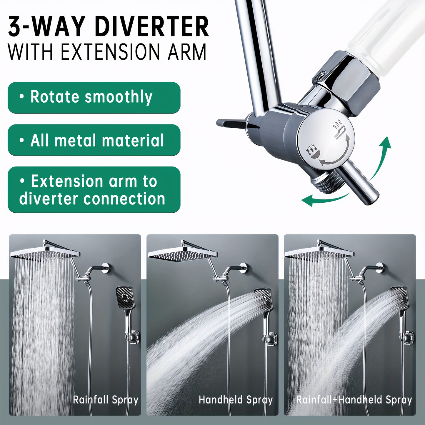 13 Inch Rainfall Shower Head with Handheld Spray - 4 Mode Wand, Adjustable Arm and Diverter Valve, Chrome Finish