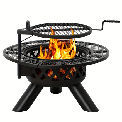 Large Round Wood Burning Fire Pit – Backyard BBQ Grill with Cooking Grate, Durable Black Finish, Outdoor Gathering Centerpiece for Camping, Patio, Garden