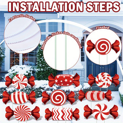 12pcs Christmas Candy Lawn Signs Set - Waterproof Corrugated Cardboard for Holiday Garden and Pathway Decorations