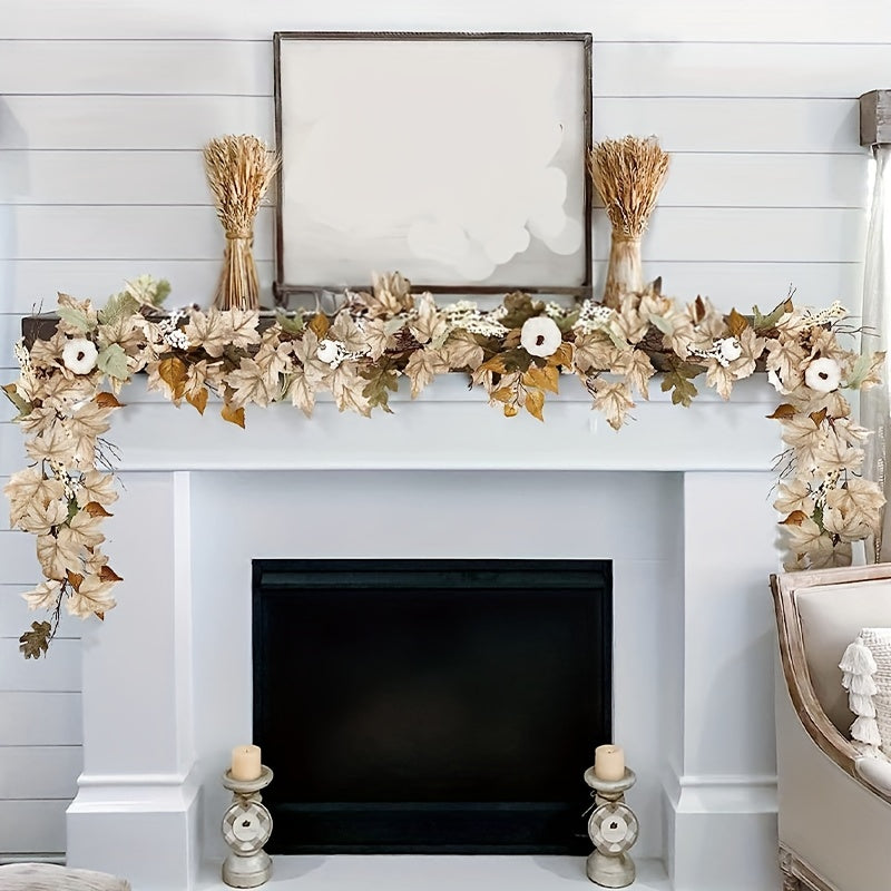 Fall Pumpkin Garland – 71.1 Inch Artificial Maple Leaf & Pumpkin Berry Rattan Wreath, Perfect for Wedding, Thanksgiving Table, and Farmhouse Decor