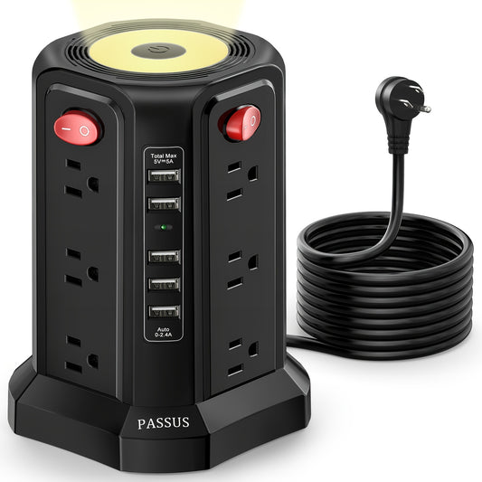 PASSUS Surge Protector Power Strip Tower – 5 USB Ports, 10FT Extension Cord, 12 AC Outlets, Night Light, Overload Protection for Home and Office (Black)