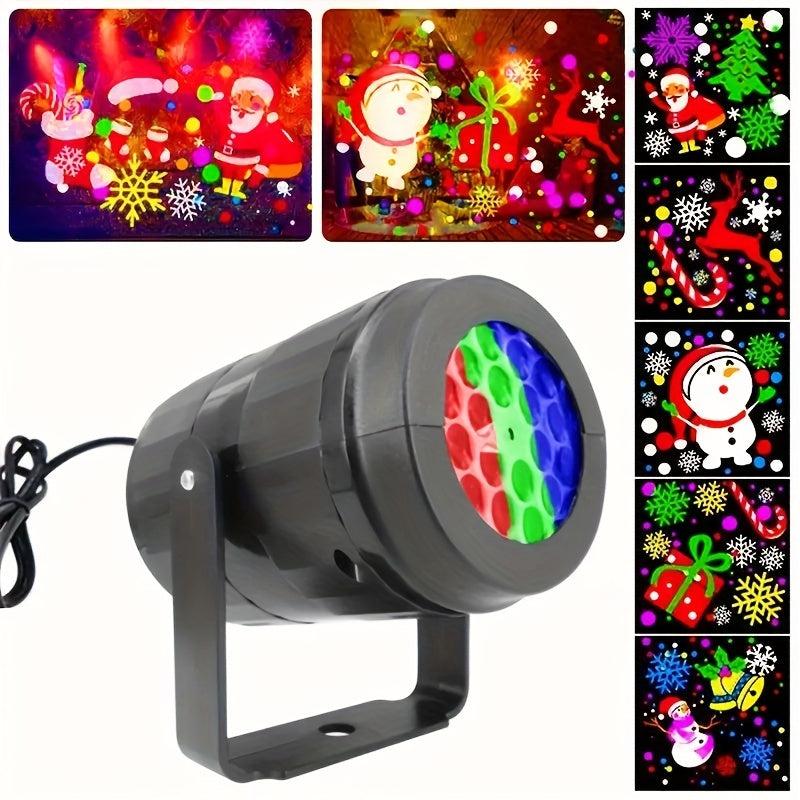 Christmas Projector Light with 16 LED Patterns - Featuring Snowflakes, Snowman, Reindeer, Christmas Tree, Santa Claus - Ideal for Parties, Weddings and Home Decor, USB Powered, Semi-Embedded Installation