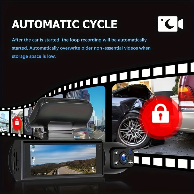 1080P Dual Camera Dash Cam for Cars – Front and Inside with IR Night Vision, Loop Recording, Wide Angle & 3.16 Inch IPS Screen, Optional 32GB Card