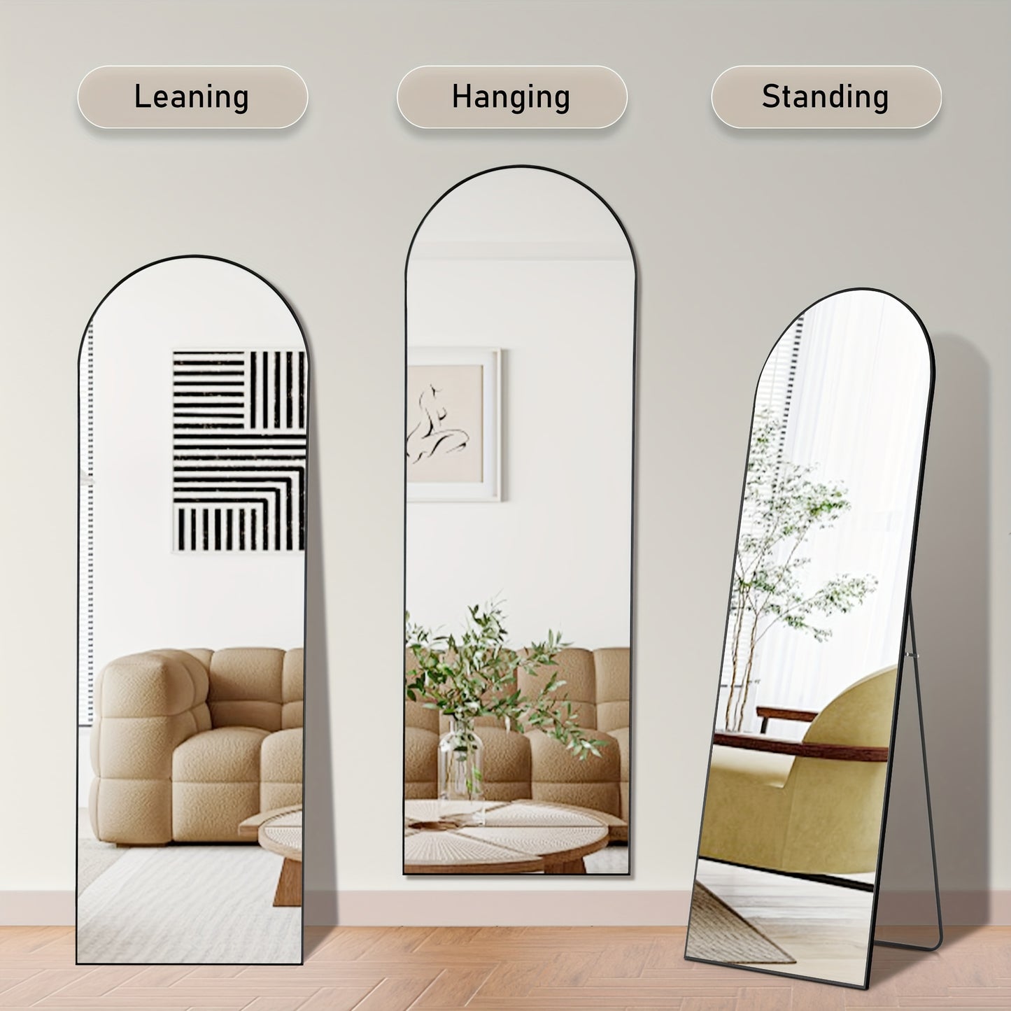 Arched Full-Length Mirror: Full Body Mirror with Stand, Wall Hanging or Leaning, Aluminum Alloy Thin Frame, Floor Standing