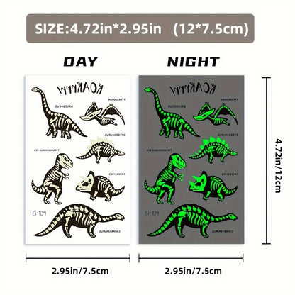 10 Sheets Luminous Dinosaurs Temporary Tattoos - Glow in the Dark T-Rex, Pterosaur, Velociraptor, Triceratops, Stegosaur Designs, Ideal for Dinosaur Birthday Parties and Stocking Stuffers