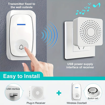 Wireless Doorbell with 38 Smart Tones – Outdoor Electronic Doorbell, USB Rechargeable, Remote Control, Elderly Alarm, and Wireless Calling