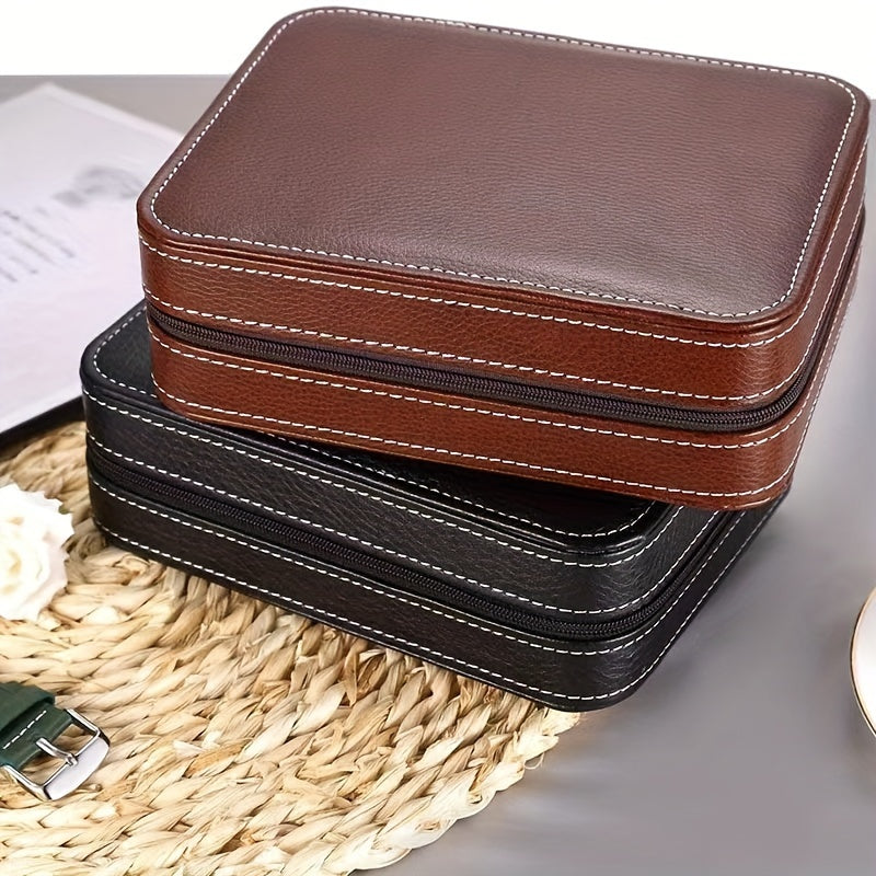 Luxury 4 Slot Black Faux Leather Watch Case with Zipper - Portable Travel Organizer for Watches, Jewelry and Accessories