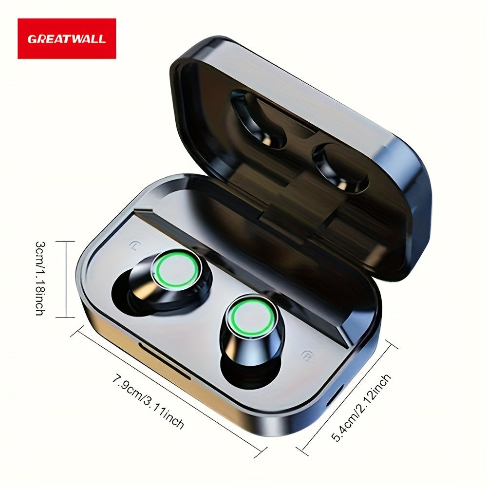 GREATWALL 2024 Triple-Screen Smart Wireless Earbuds – LED Digital Display, Stylish Mirror Design, Hi-Def Audio, Black Headphones for Sports and Gaming