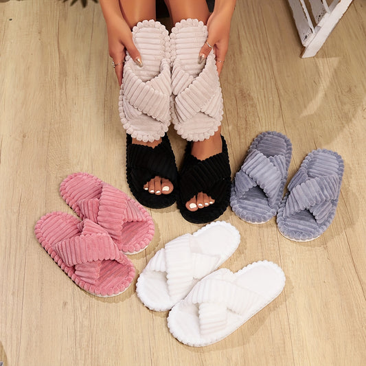 Ultra-Soft Fuzzy Open Toe Slippers – Crisscross Band Style – Cozy Non-Slip Indoor Shoes for Women – Breathable, Trendy Solid Colors