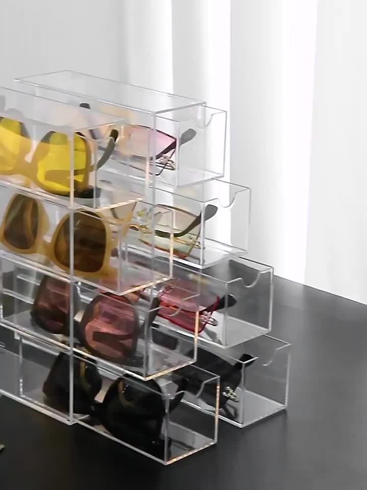 4 Tier Acrylic Sunglass Display Case with Drawers - Clear, Hard Eyeglass Organizer Box for Women, Stackable Storage for Eyewear Collection