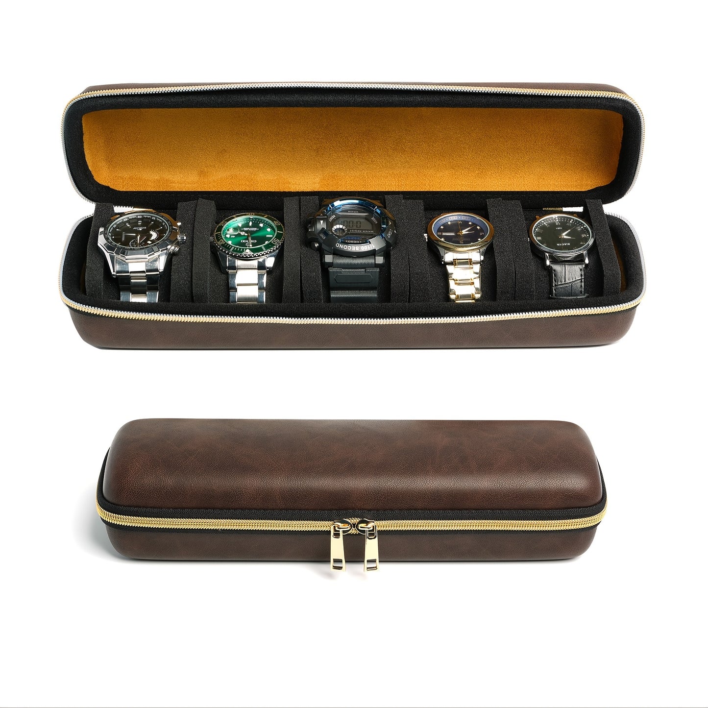 5 Slot PU Leather Hard-Shell Watch Box - Travel Case with Anti-Move Watch Pillow