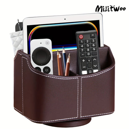 Militwoo 360° Rotating Remote Control Holder - PU Leather TV Remote Caddy Organizer with 5 Compartments for Pens, Pencils, Art Supplies, Makeup Brushes, Office Desk Accessories