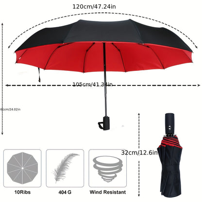 Windproof Travel Umbrella - Sturdy 10-Rib Frame, Automatic, Extra Large Folding Design with UV Protection, Dual Use for Sunny and Rainy Weather