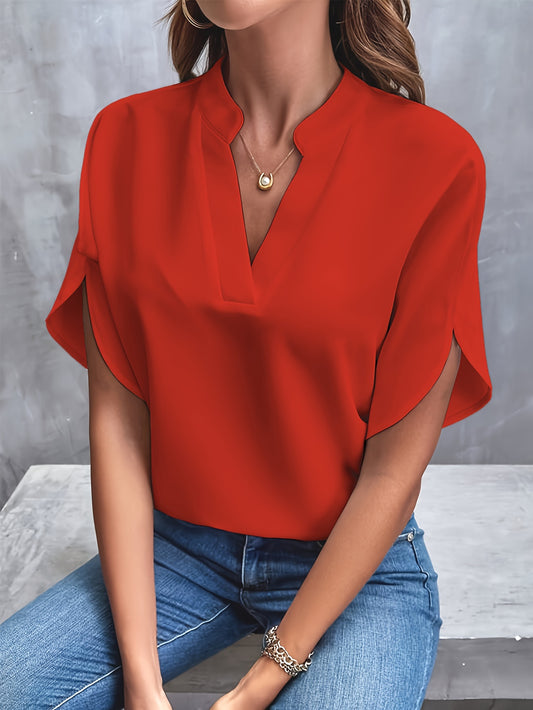 Lightweight Solid Color Notch Neck Blouse - Stylish Short Split Sleeves for Spring and Summer - Trendy Women's Casual Top