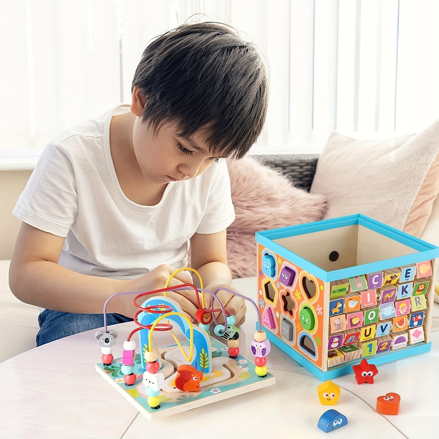 Wooden Activity Cube 5 in 1 - Educational Learning Toys for Toddlers Age 1-2, Includes ABC-123 Abacus, Bead Maze and Shape Sorter for Boys and Girls