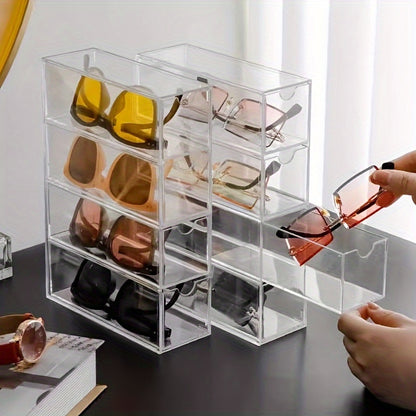 4 Tier Acrylic Sunglass Display Case with Drawers - Clear, Hard Eyeglass Organizer Box for Women, Stackable Storage for Eyewear Collection