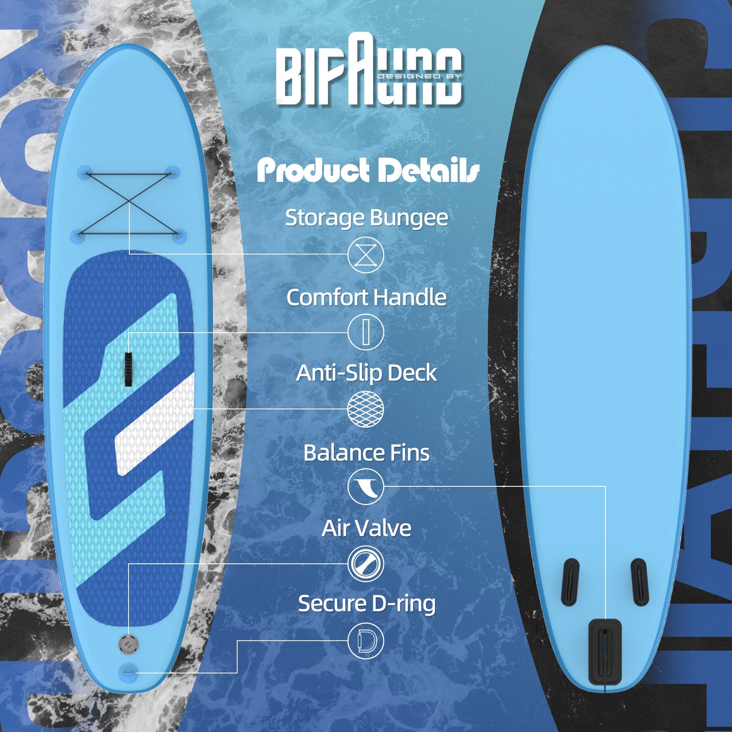 Bifanuo Inflatable Stand Up Paddle Board - Includes SUP Accessories & Backpack, Non-Slip Deck, Wide Stance, Bottom Fin, Double Action Pump, Repair Kit, for Youth and Adults