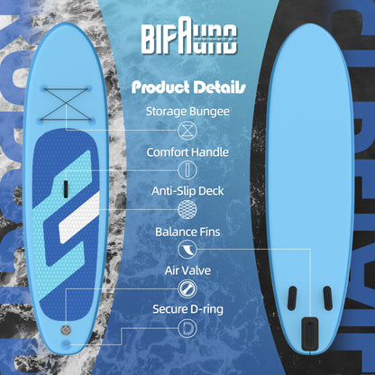 Bifanuo Inflatable Stand Up Paddle Board - Includes SUP Accessories & Backpack, Non-Slip Deck, Wide Stance, Bottom Fin, Double Action Pump, Repair Kit, for Youth and Adults