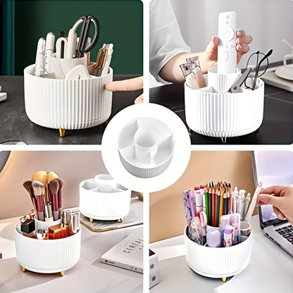 360° Rotating Makeup Organizer – Plastic Cosmetic Storage with 5 Compartments, Multi-Functional Holder for Brushes, Lipsticks, and Skincare – Durable Desk Caddy with Luxury Stripe Design