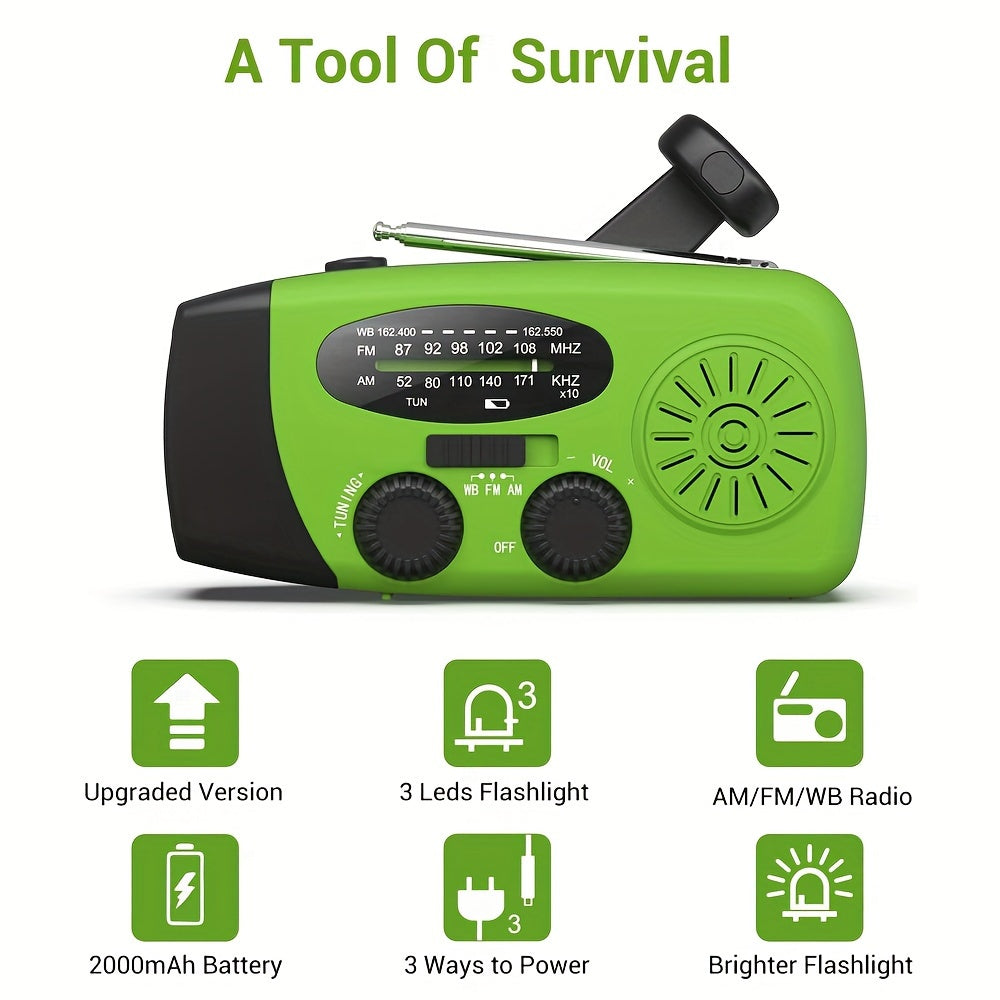 Emergency Hand Crank Radio with 2000mAh Power Bank and Phone Charger – AM/FM/NOAA Portable Weather Radio with 3 LED Flashlights, Solar Powered USB Rechargeable for Camping and Outdoors