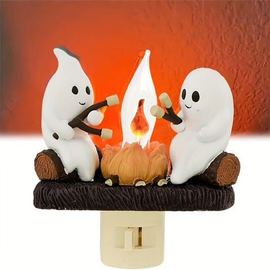 Halloween Ghost Campfire Flickering Night Light – 3D LED Faux Campfire Nightlight for Indoor Decorations, Perfect for Family and Friends