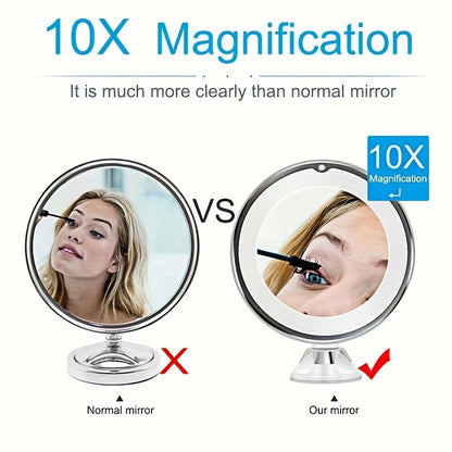 10x Magnifying LED Makeup Mirror – 360-Degree Rotating Arm with Locking Suction Cup, Ideal for Home and Bathroom Vanity