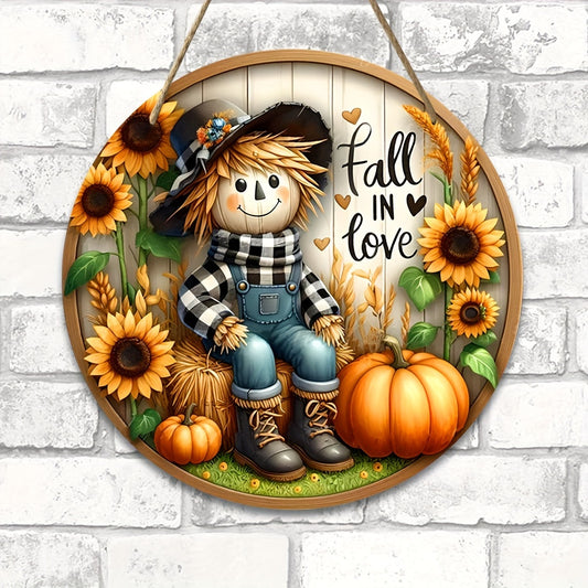 Charming Scarecrow and Fall Harvest Wooden Sign - 7.9"x7.9" Round Wreath Centerpiece for Door, Wall, Home, Porch, Garden Decor - Perfect for Autumn, Country, and Farmhouse Ambiance