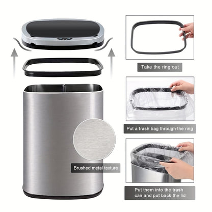 13 Gallon Touchless Trash Can – Automatic Motion Sensor Stainless Steel Kitchen Bin with Lid, Anti-Fingerprint and Mute Design, 50L Waste Bin for Office, Bedroom, Living Room